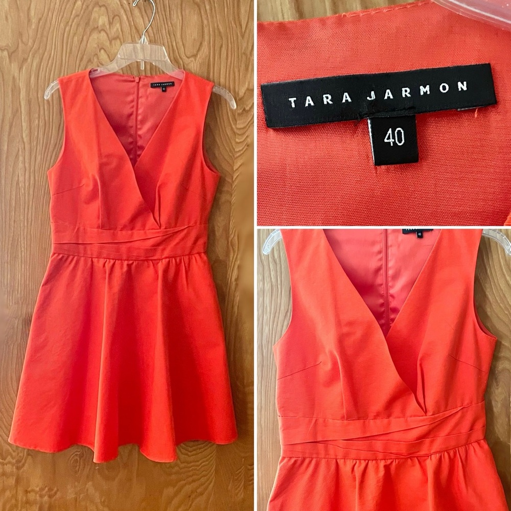 Tara Jarmon orange cotton dress, A-line skirt surplice neck, size medium